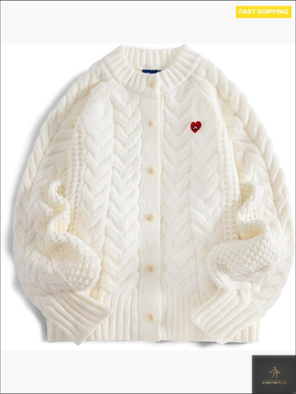 Chunky Cable Knit Cardigan Oversized Open Front Crewneck Lantern Sleeve